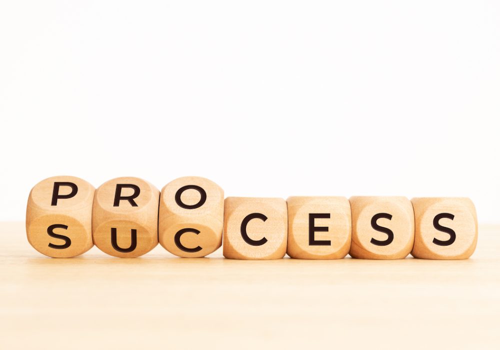 Process success concept. Wooden block flip over word process to success on wooden table. Copy space